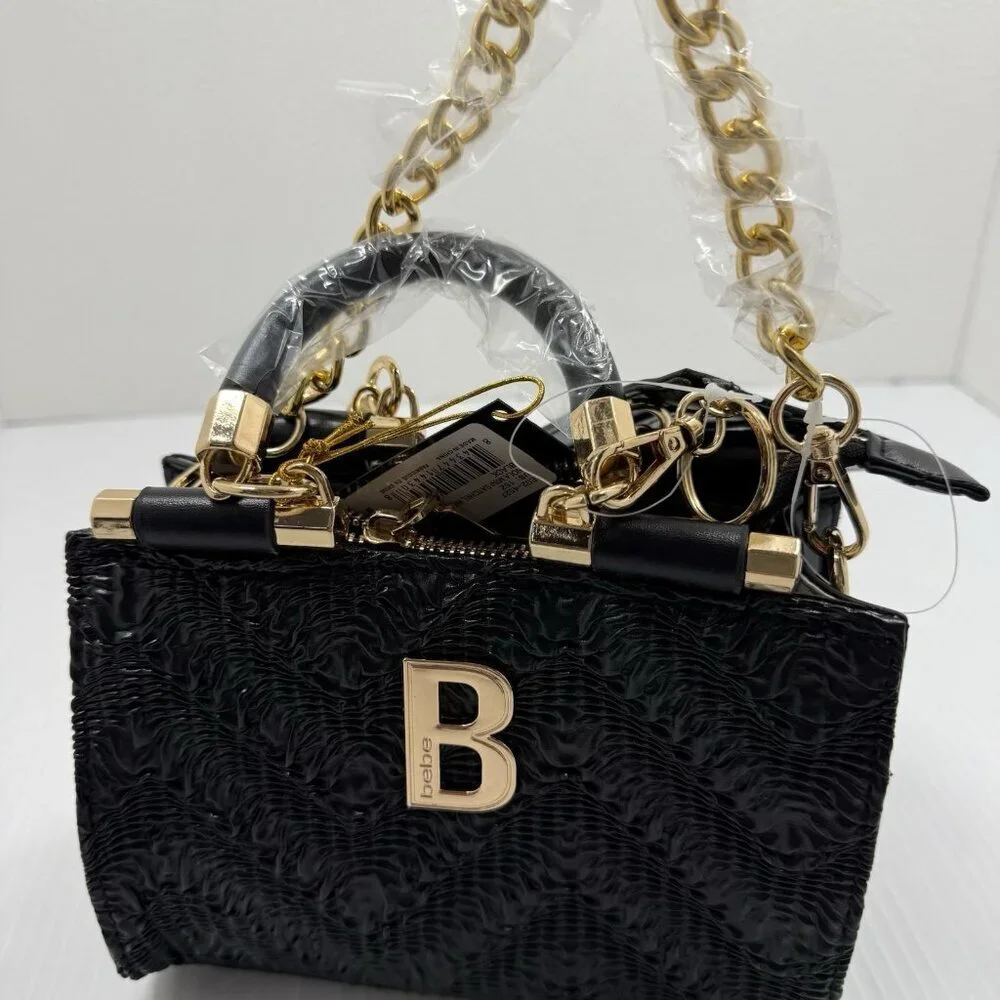 Bebe Black Mini Satchel Bag Gold Chain Crossbody Textured Top Handle NWT